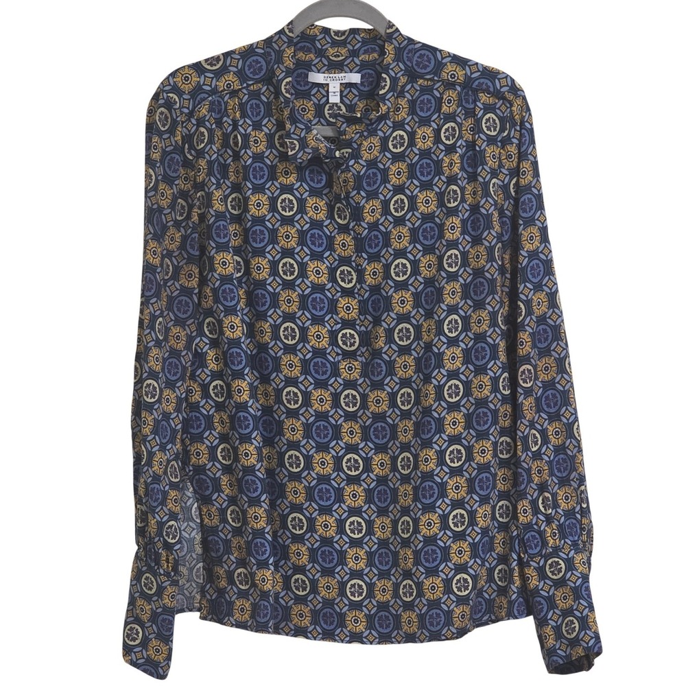Derek Lam 10 Crosby Geometric Blue Blouse Women Sz 12 Long Sleeve Cotton